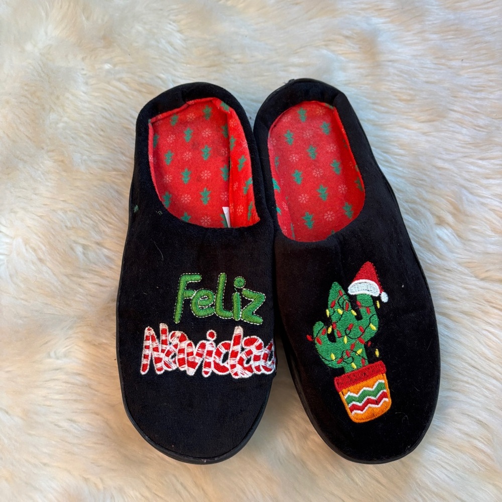 Festive Black Slippers with Embroidered Cactus